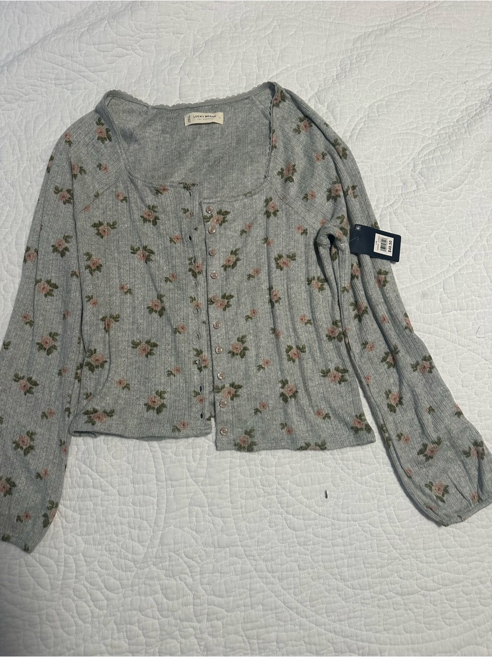Lucky Brand Heather Gray Floral Button-Front Ribbed Cardigan